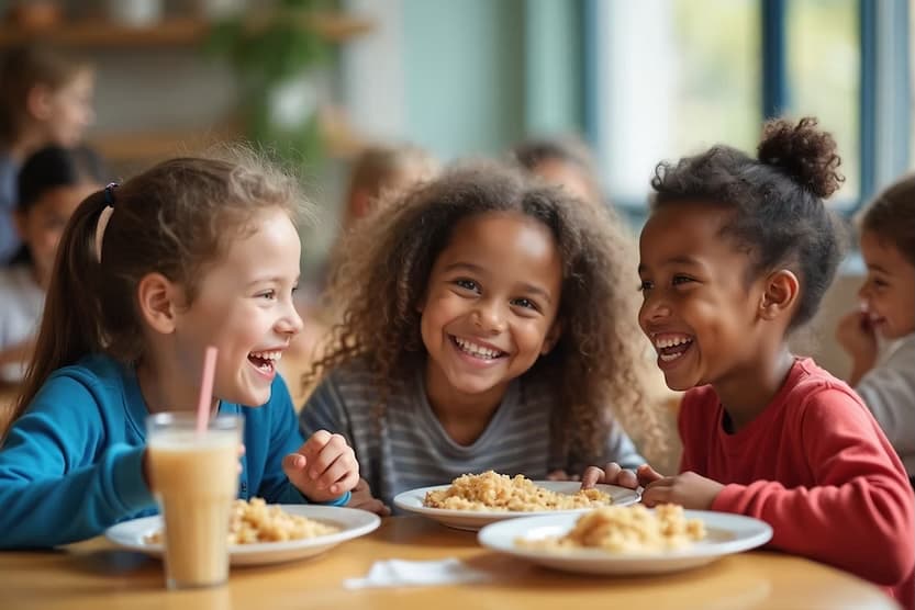 Students enjoying school lunch